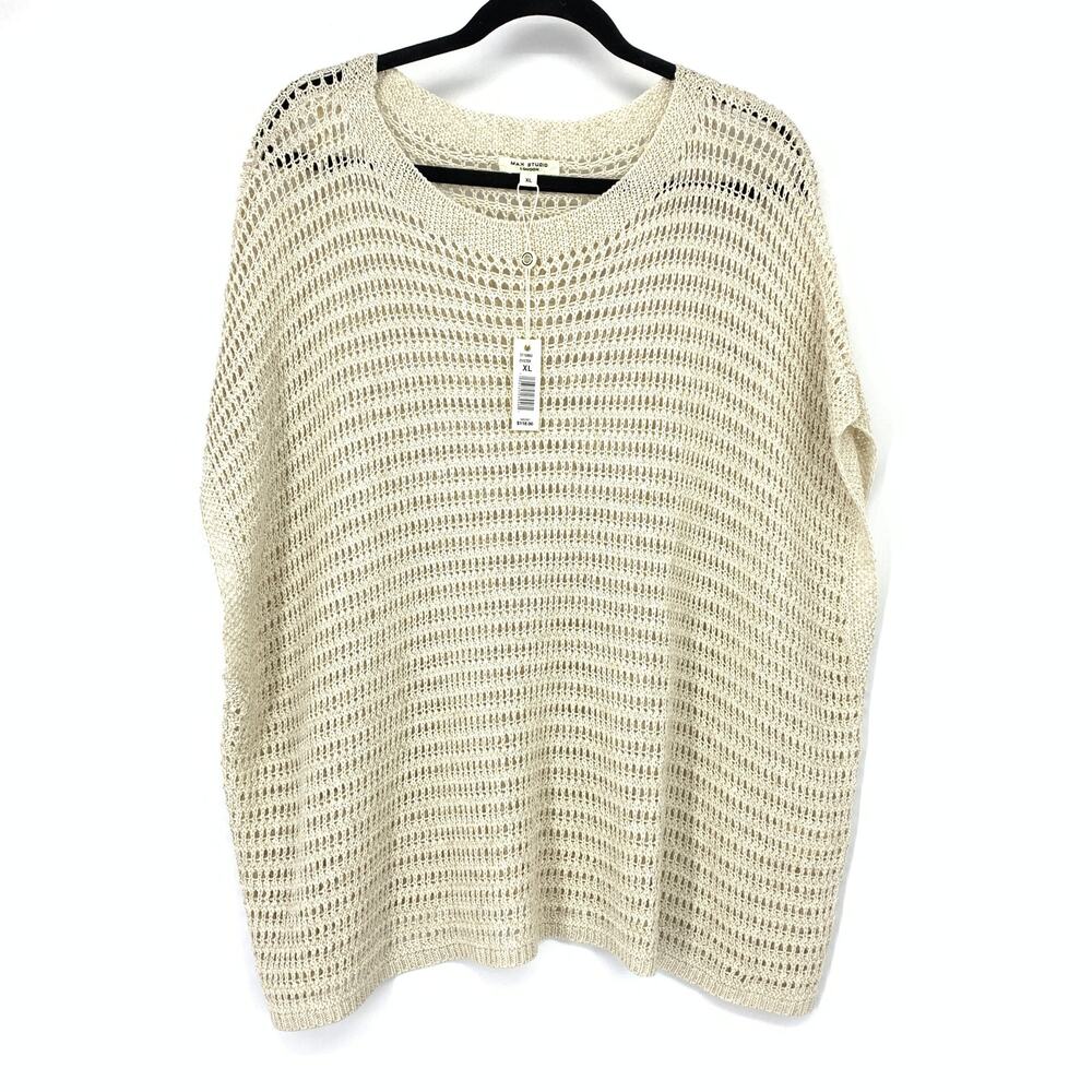 Max Studio Open Knit Pullover Short Sleeve Sweater Womens XL Oyster Beige NEW